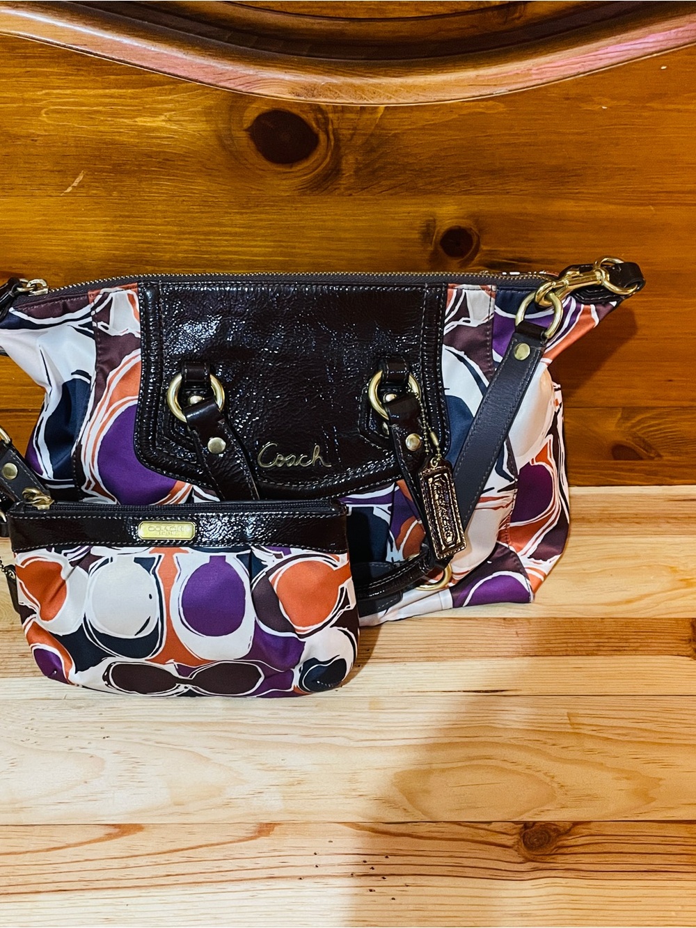 Coach Ashley Scarf Print Satchel Bag with matching wristlet - Purple/Orange